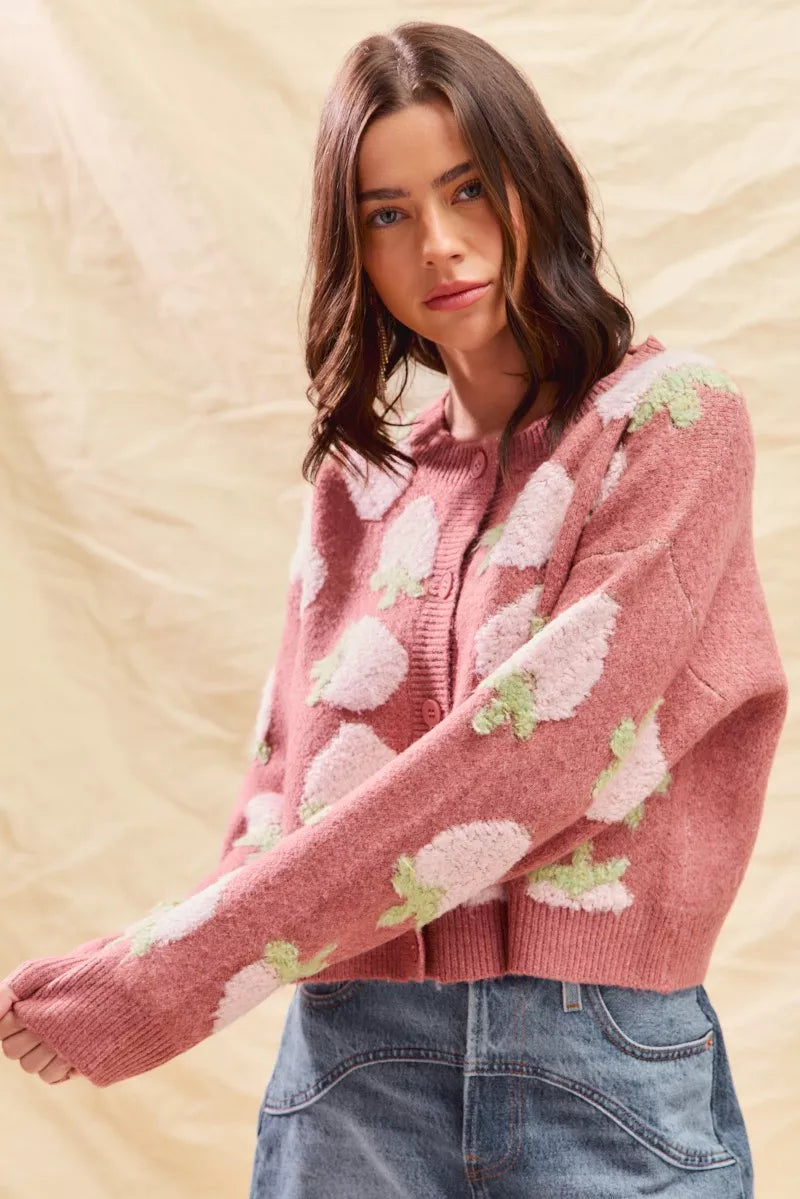 SO ME Cardigan en maille boutonnée à motif de fraises