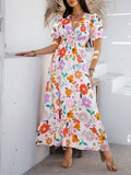 Robe longue élégante pour femme à imprimé floral, col en V et manches courtes
