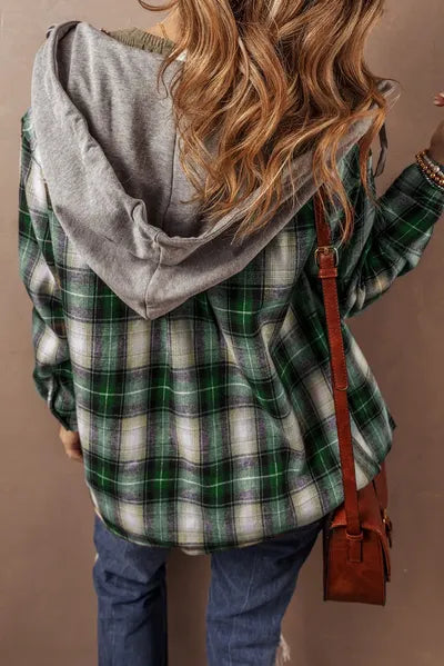 Veste à Capuche Plaid Vert Foncé avec Cordon de Serrage et Poches – Confortable et Tendance, Vêtement d'Extérieur à Carreaux Pour Toutes Saisons