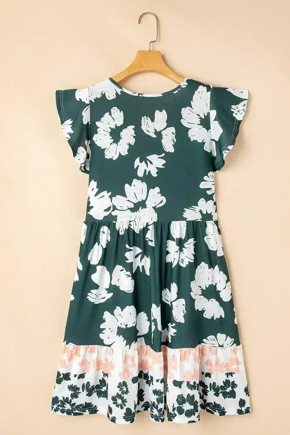 Robe courte vert foncé à imprimé floral, manches à volants et taille empire