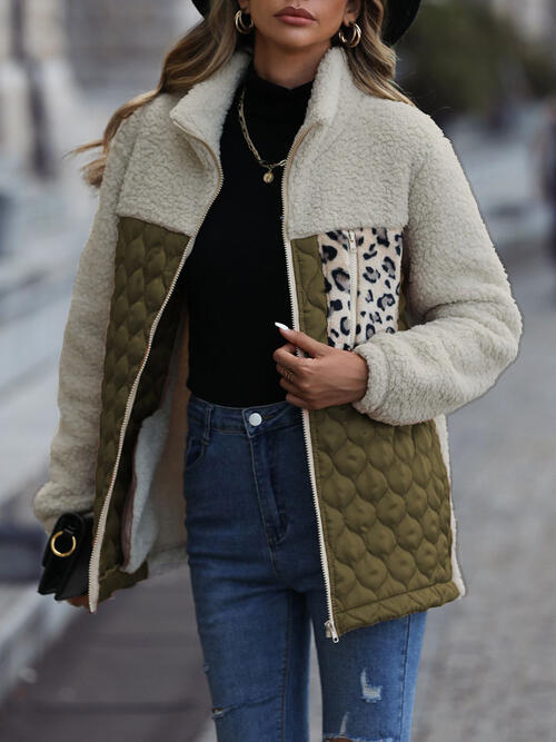 Veste zippée unique à imprimé léopard et blocs de couleur pour l'automne, Veste légère tendance avec poches, Charmante veste d'hiver