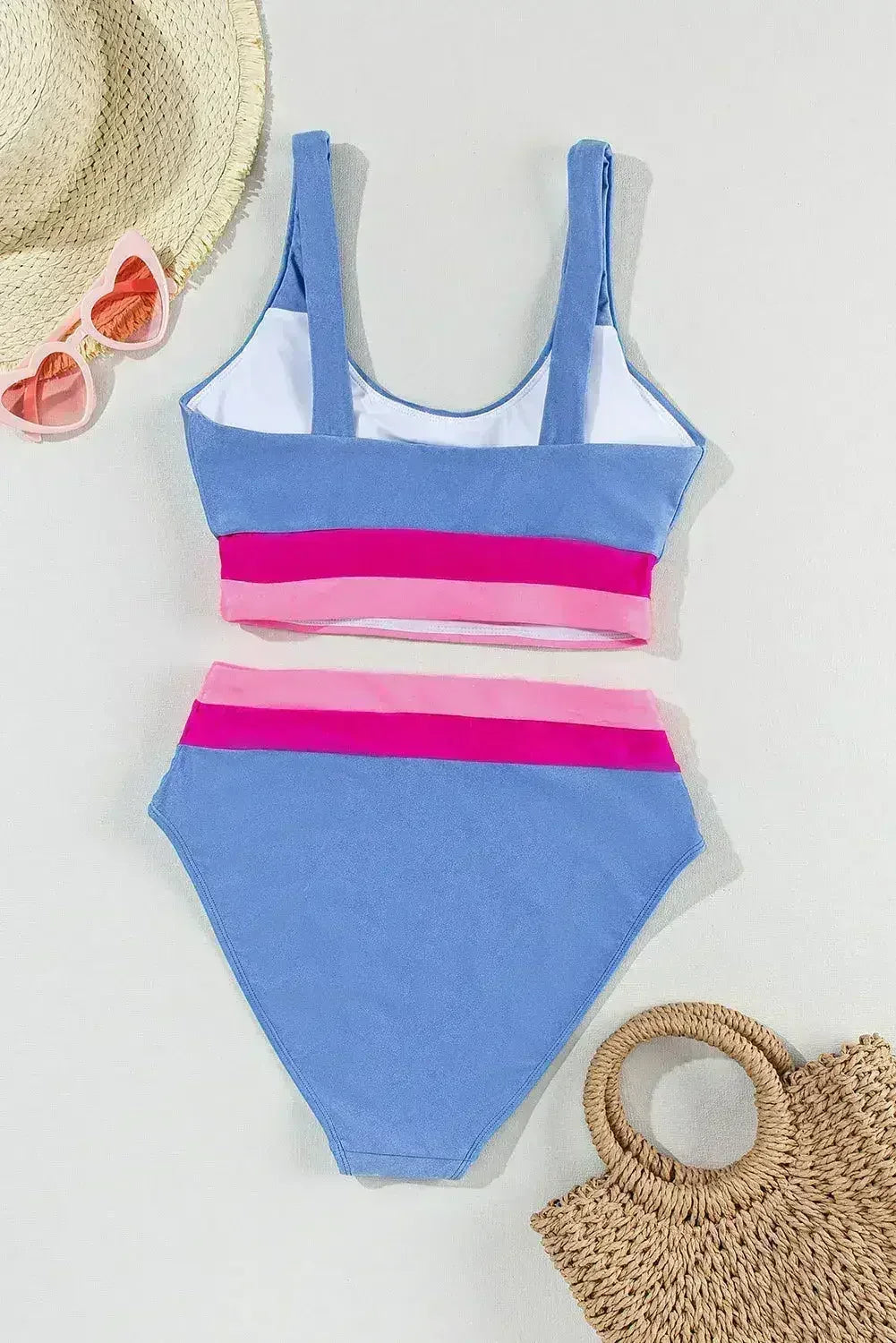 Maillot de bain bikini taille haute color block bleu clair
