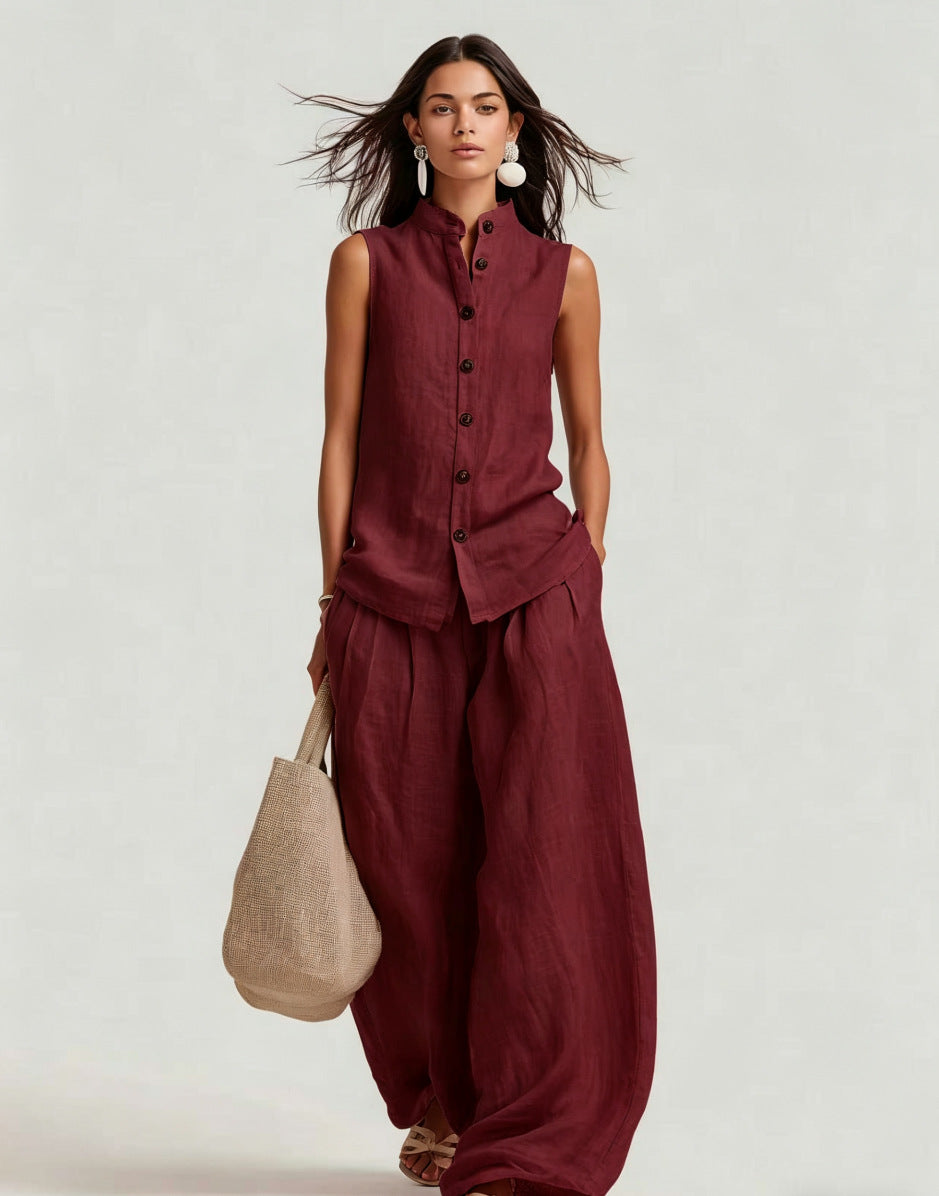 Ensemble top sans manches col montant et pantalon large taille haute pour femme