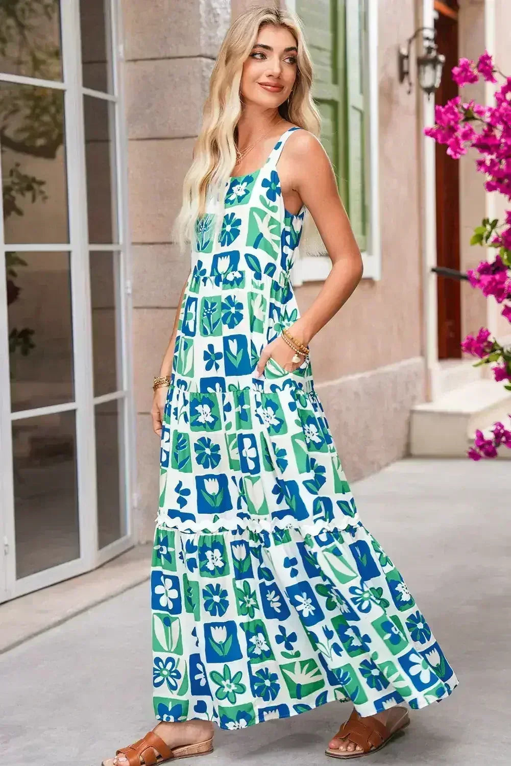 Robe longue multicolore bohème à carreaux fleuris