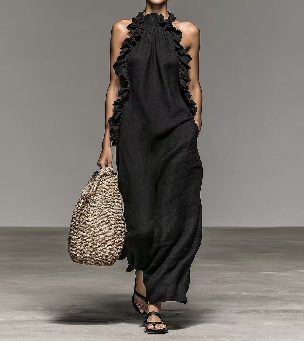 Robe sans manches à volants et col halter – Coupe ample et fluide avec poches