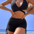 Ensemble bikini dos nu Coastal Curve pour femme – Maillot de bain dos nu à lacets avec col en V, détail anneau chic et short boxer taille haute pour l'été – Maillot de bain deux pièces élégant en nylon pour femme, style plage et piscine