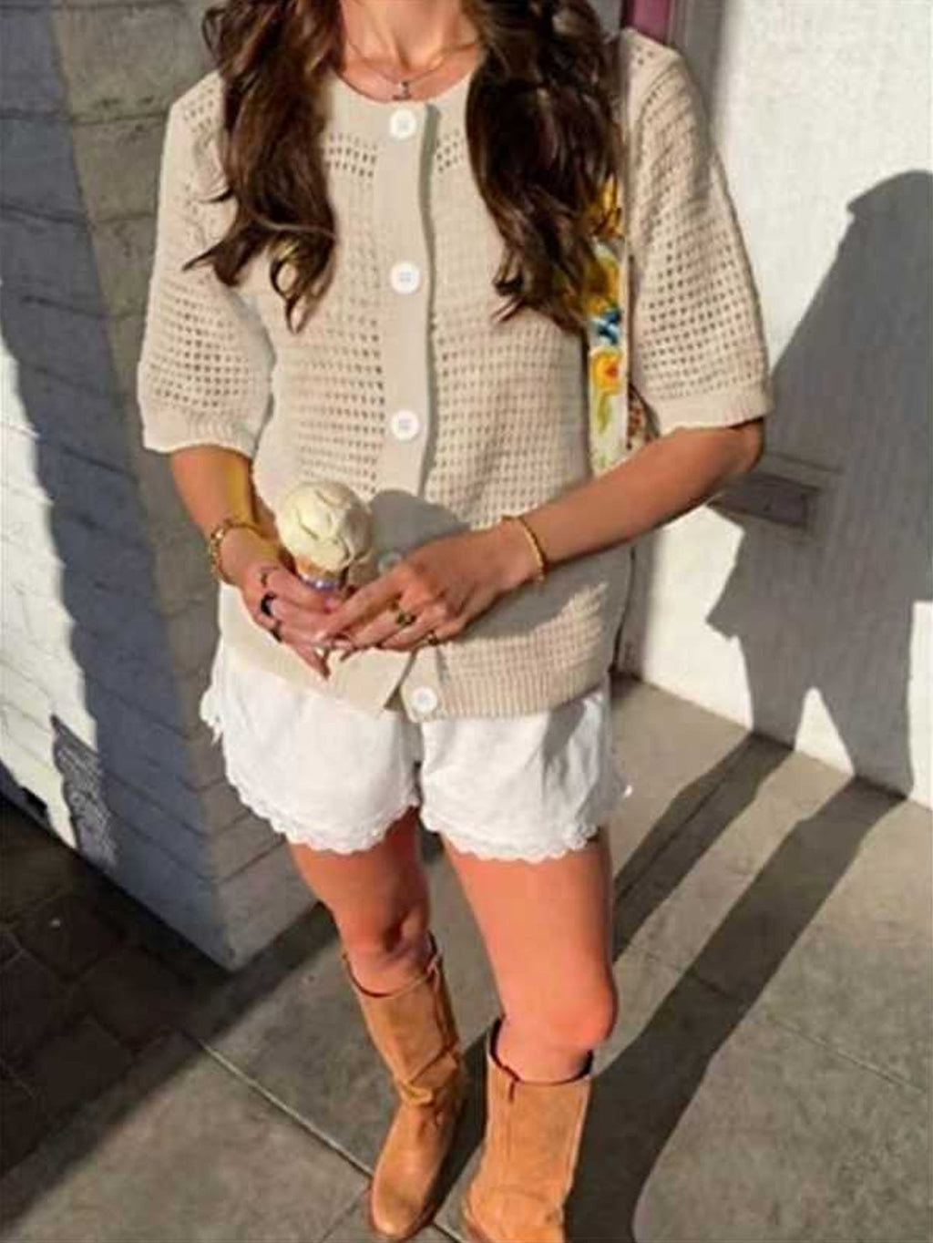 Cardigan en maille ajourée pour femme – Ouvert sur le devant, manches courtes, couleur unie