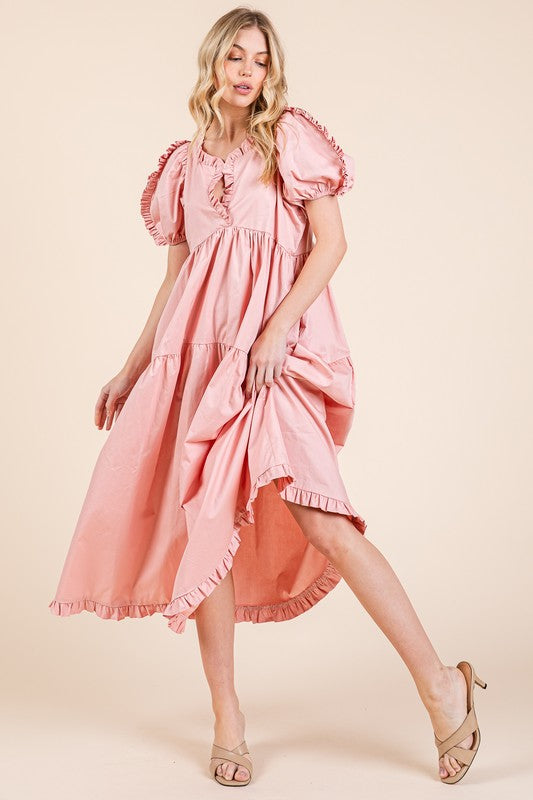 Robe mi-longue babydoll étagée à manches bouffantes et volants – Robe mi-longue babydoll légère, adorable, élégante, féminine et tendance avec volants et manches bouffantes