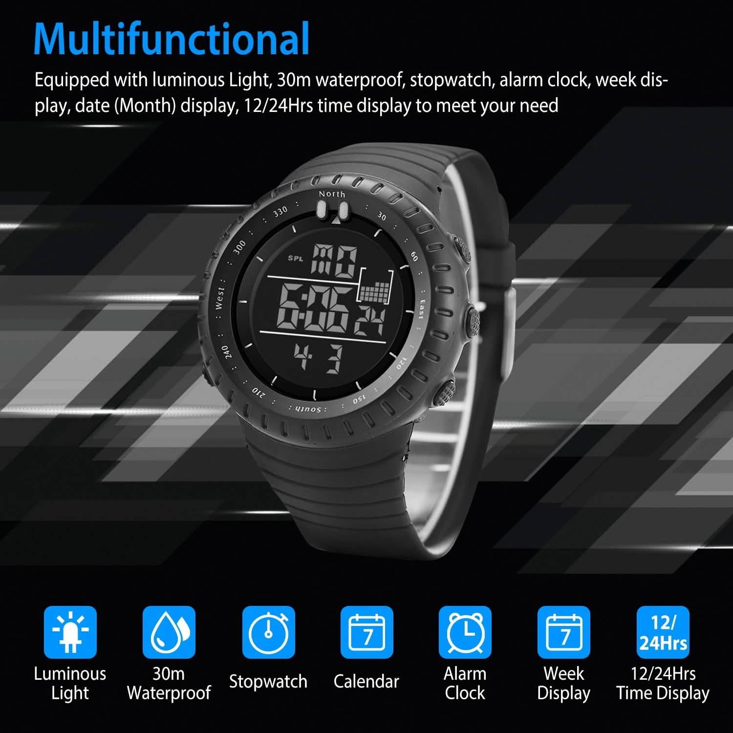 Montre-bracelet tactique militaire de sport numérique pour hommes