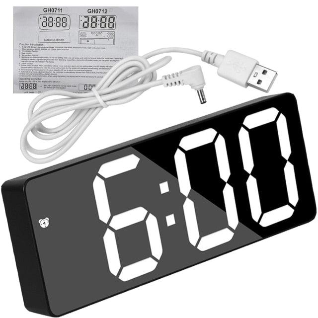 Horloge numérique de table Réveil numérique Horloge de chevet LED Double alarme Volume réglable Réveil pour chambre à coucher Horloges de bureau électroniques à chiffres de 7 pouces pour enfants Écran LED Incurvé Miroir dimmable