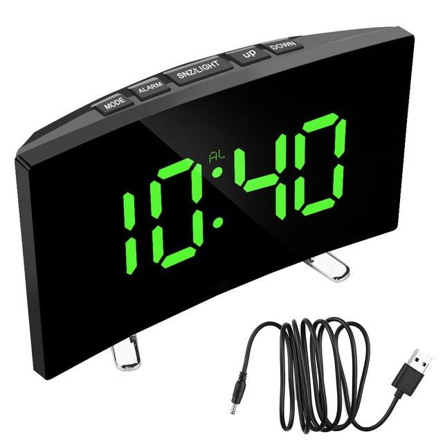 Horloge numérique de table Réveil numérique Horloge de chevet LED Double alarme Volume réglable Réveil pour chambre à coucher Horloges de bureau électroniques à chiffres de 7 pouces pour enfants Écran LED Incurvé Miroir dimmable