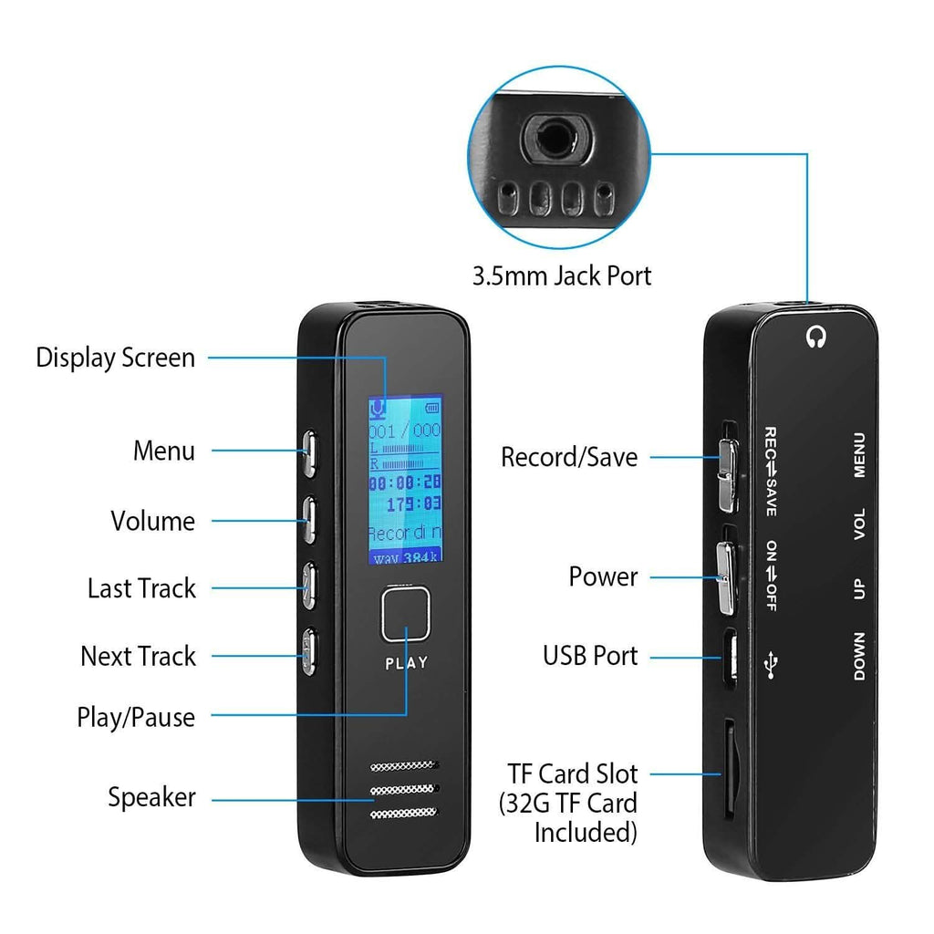 Enregistreur vocal numérique 32 Go Enregistreur audio HD
