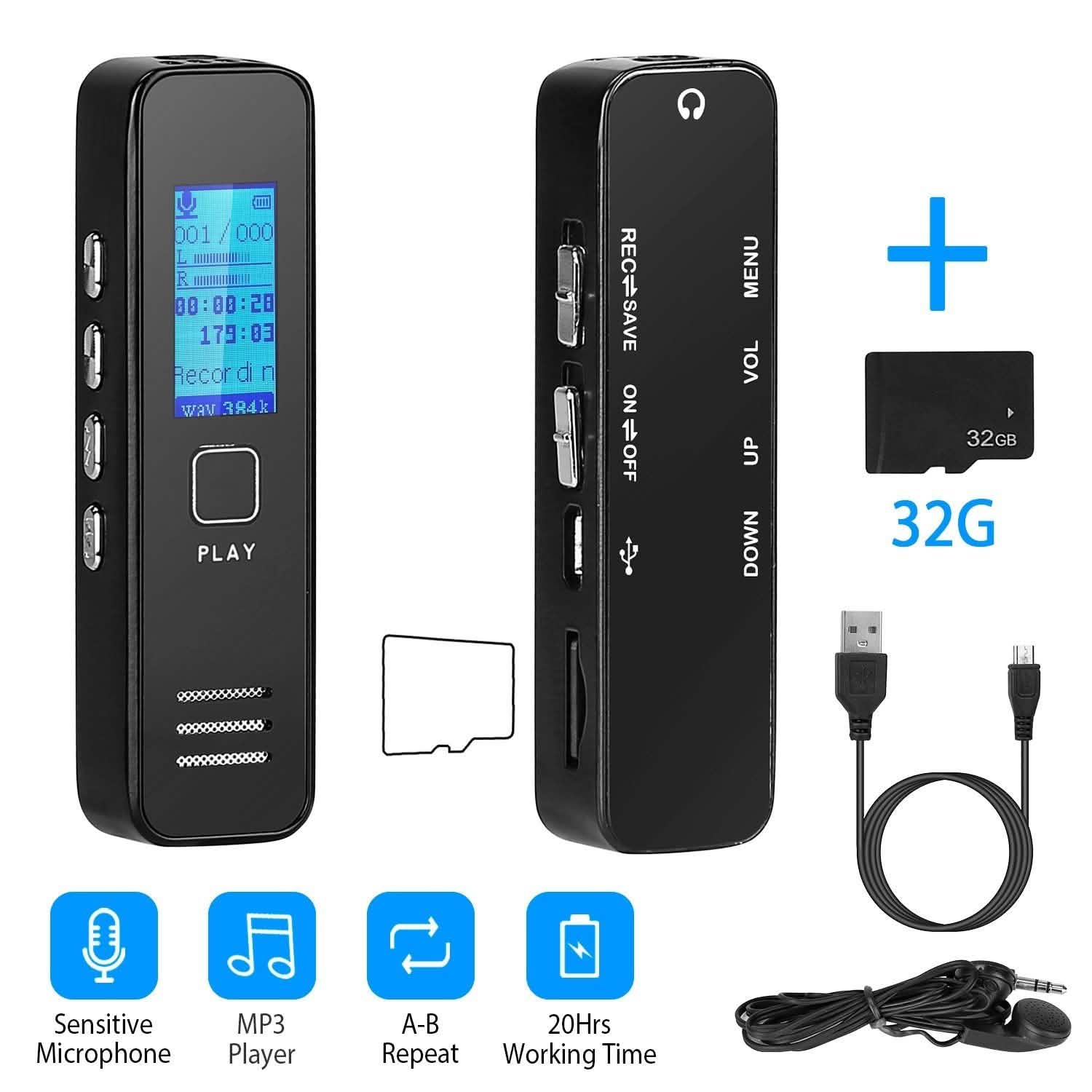Enregistreur vocal numérique 32 Go Enregistreur audio HD