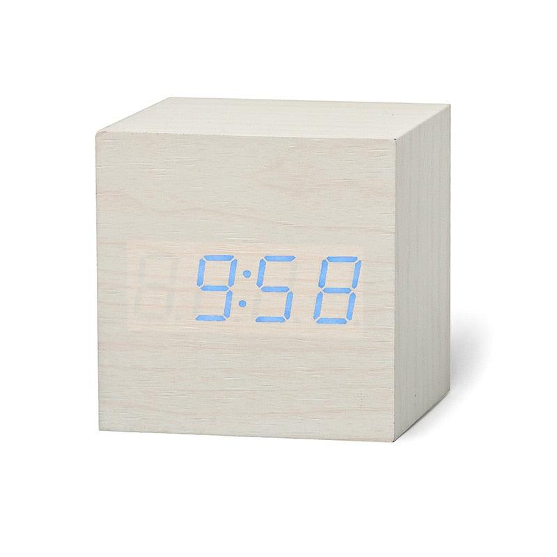 Réveil numérique en bois à LED, horloge rétro lumineuse en bois, affichage LED électronique, 3 doubles alarmes, petite horloge cubique en bois pour décoration de bureau et de table, commande vocale, fonction snooze, outils de bureau.