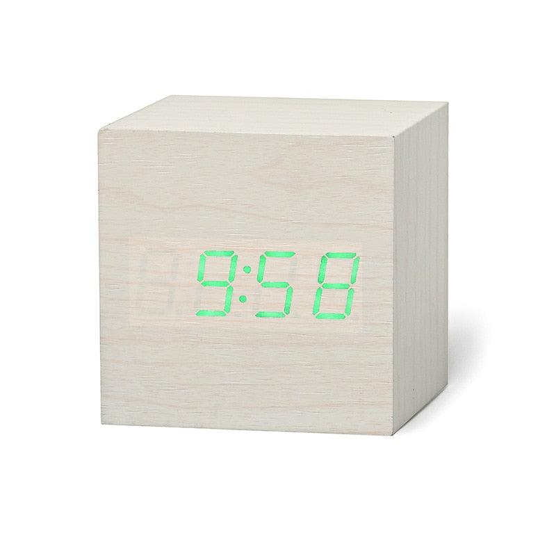 Réveil numérique en bois à LED, horloge rétro lumineuse en bois, affichage LED électronique, 3 doubles alarmes, petite horloge cubique en bois pour décoration de bureau et de table, commande vocale, fonction snooze, outils de bureau.