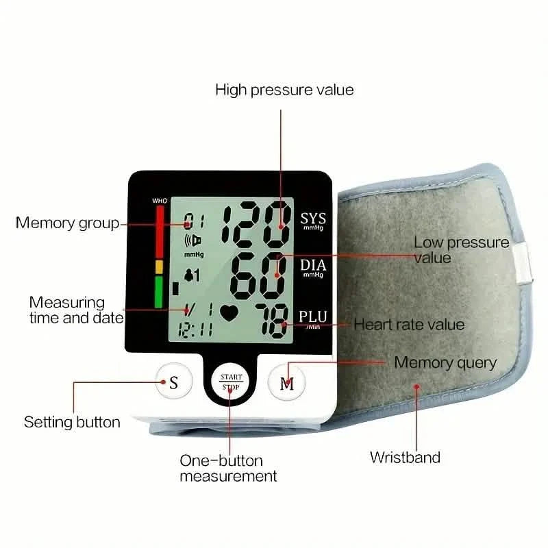 Tensiomètre numérique de poignet pour adultes - À commande vocale, fréquence cardiaque et brassard réglable