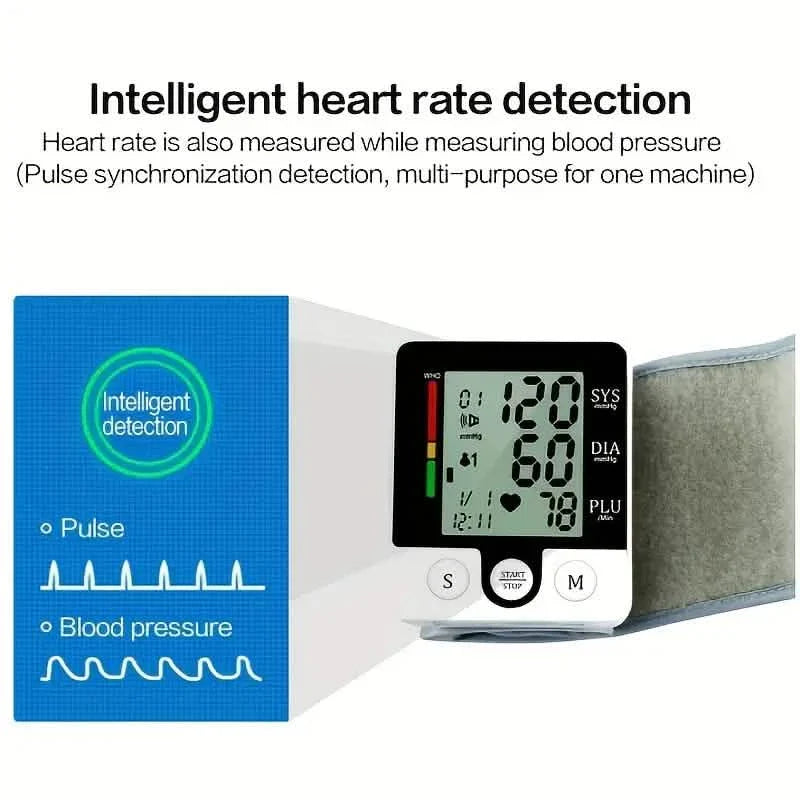Tensiomètre numérique de poignet pour adultes - À commande vocale, fréquence cardiaque et brassard réglable