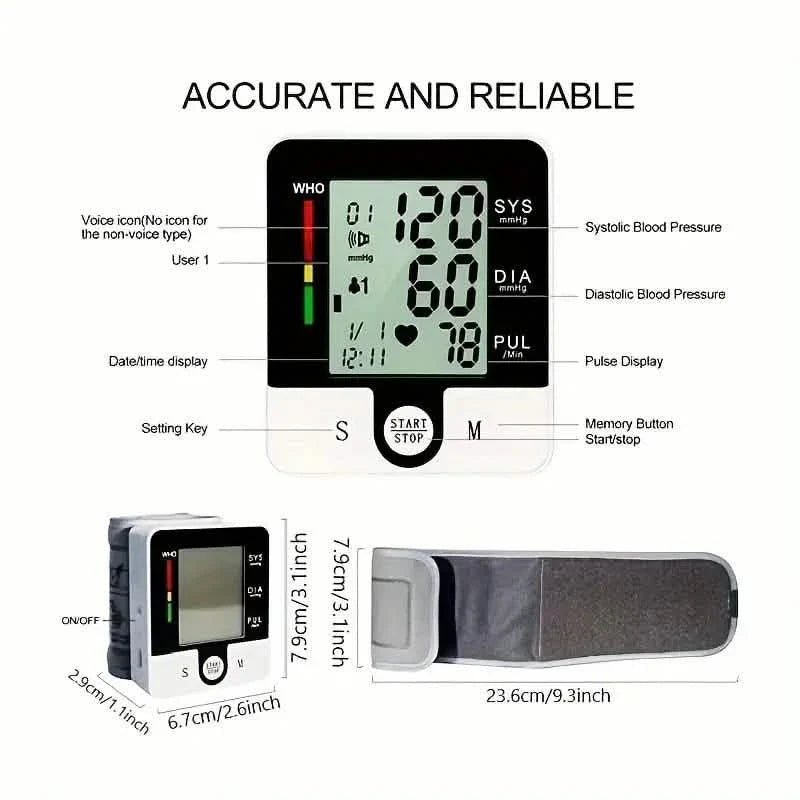 Tensiomètre numérique de poignet pour adultes - À commande vocale, fréquence cardiaque et brassard réglable