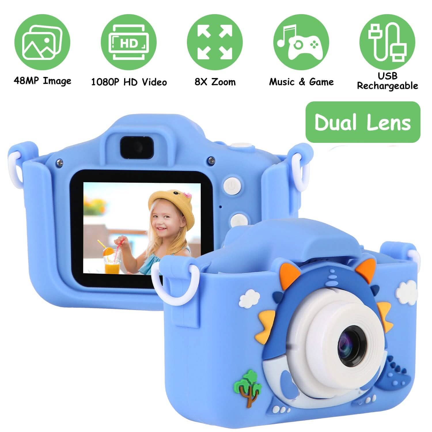 Appareil photo numérique HD de dessin animé 1080P 48MP pour enfants, motif dinosaure