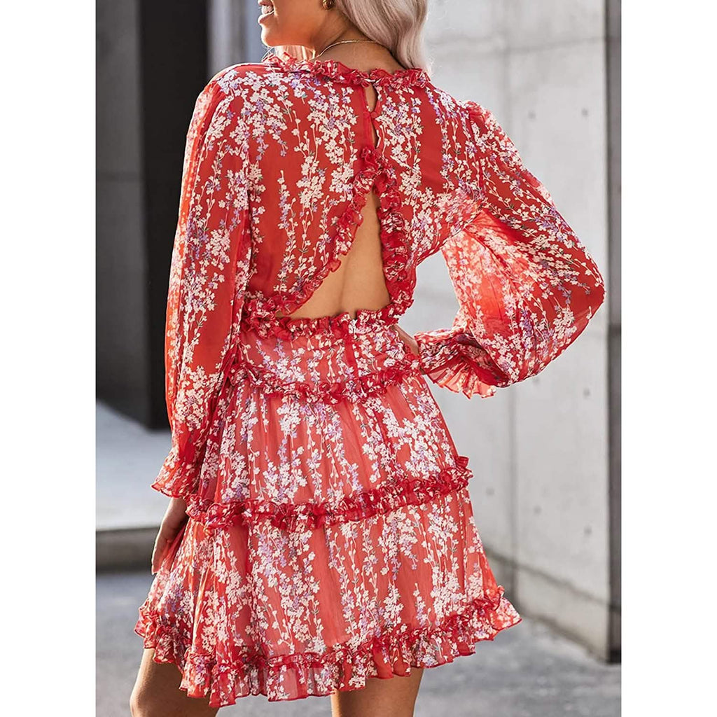 Dokotoo Robe Courte Florale à Manches Longues et Volants avec Col en V Profond pour Femme Printemps-Été