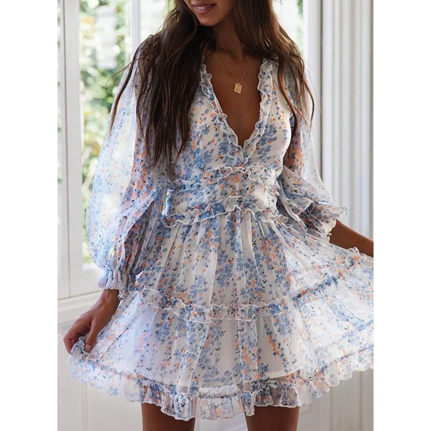 Dokotoo Robe Courte Florale à Manches Longues et Volants avec Col en V Profond pour Femme Printemps-Été