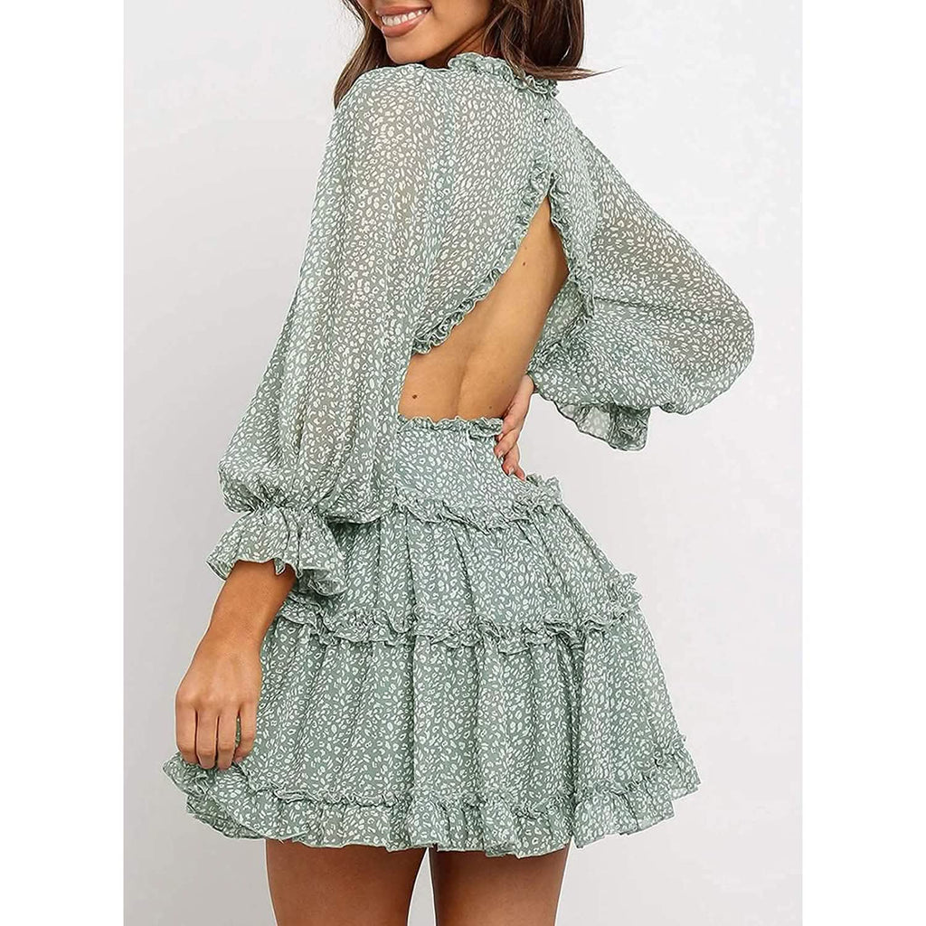 Dokotoo Robe Courte Florale à Manches Longues et Volants avec Col en V Profond pour Femme Printemps-Été