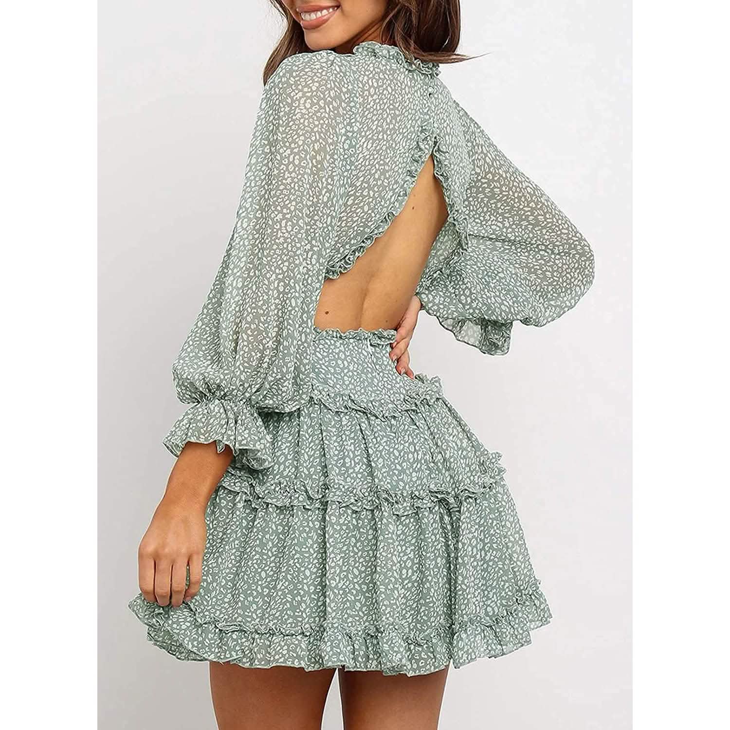 Dokotoo Robe Courte Florale à Manches Longues et Volants avec Col en V Profond pour Femme Printemps-Été