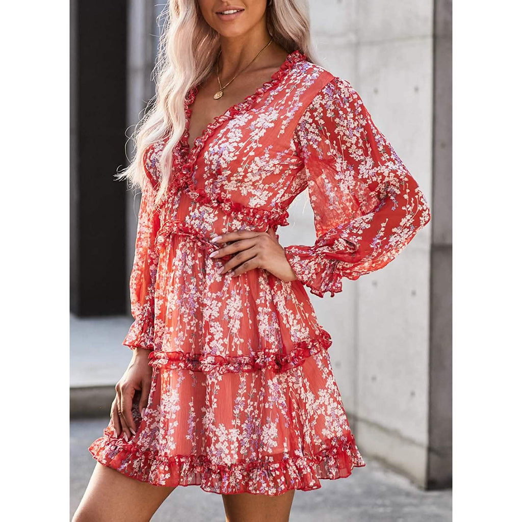 Dokotoo Robe Courte Florale à Manches Longues et Volants avec Col en V Profond pour Femme Printemps-Été