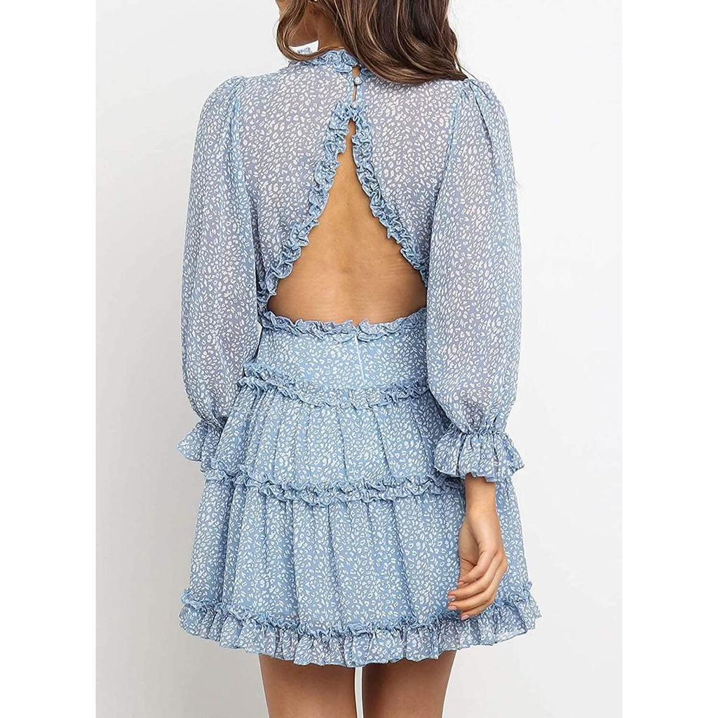 Dokotoo Robe Courte Florale à Manches Longues et Volants avec Col en V Profond pour Femme Printemps-Été