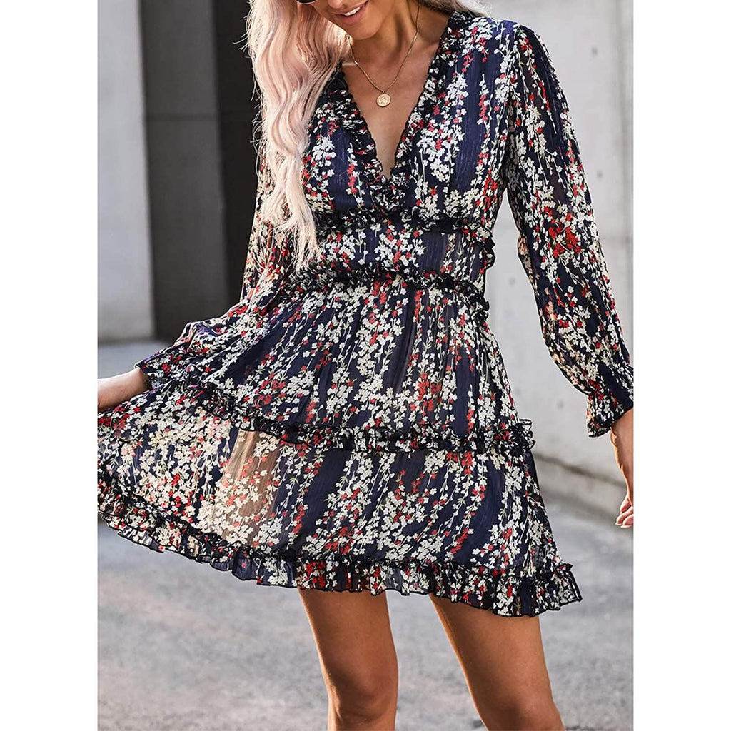 Dokotoo Robe Courte Florale à Manches Longues et Volants avec Col en V Profond pour Femme Printemps-Été