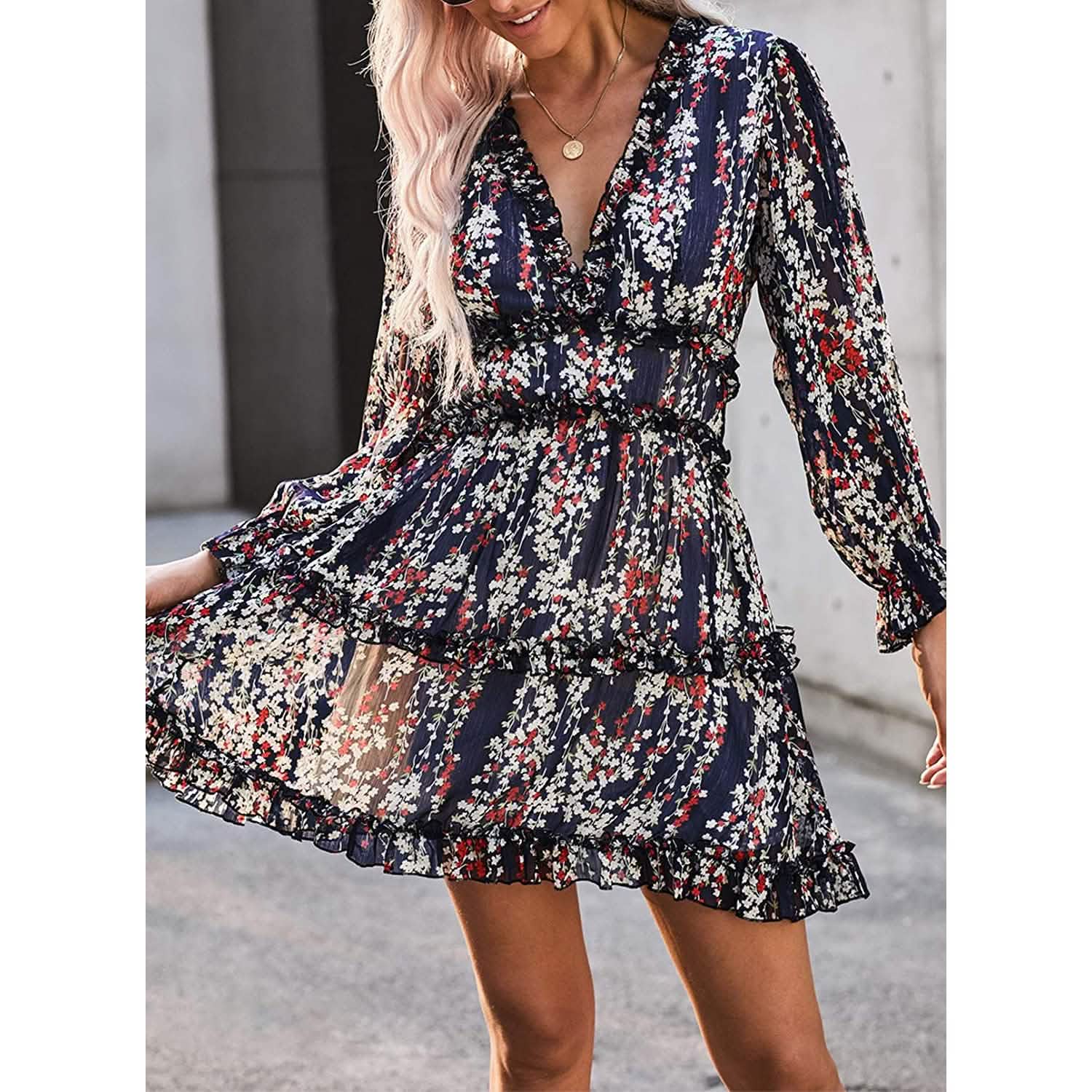 Dokotoo Robe Courte Florale à Manches Longues et Volants avec Col en V Profond pour Femme Printemps-Été
