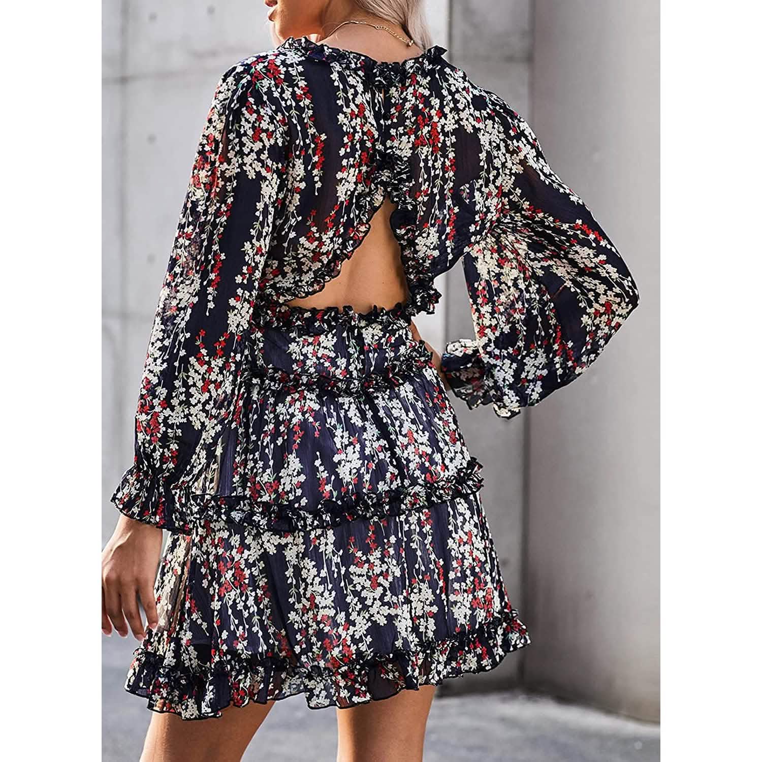 Dokotoo Robe Courte Florale à Manches Longues et Volants avec Col en V Profond pour Femme Printemps-Été