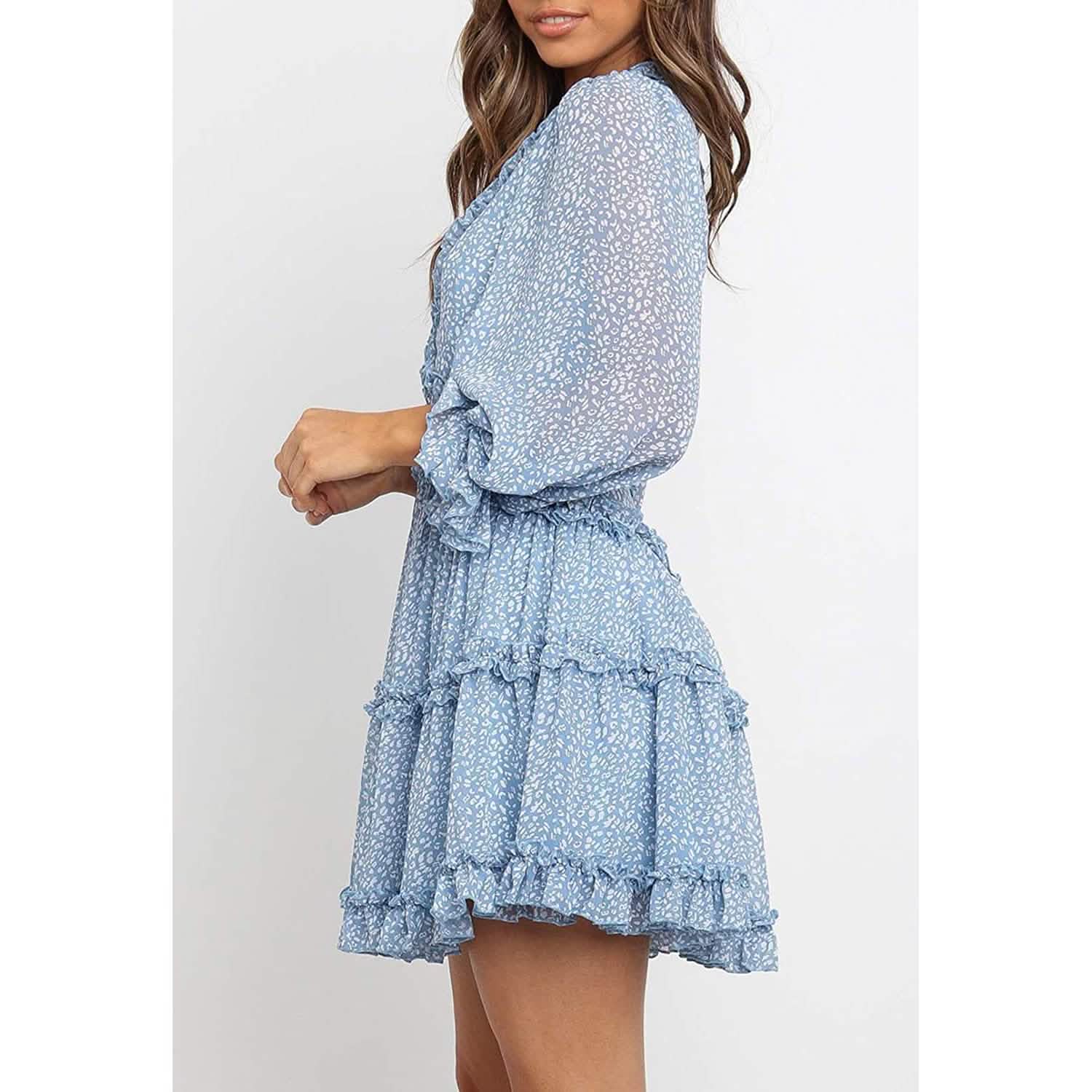 Dokotoo Robe Courte Florale à Manches Longues et Volants avec Col en V Profond pour Femme Printemps-Été