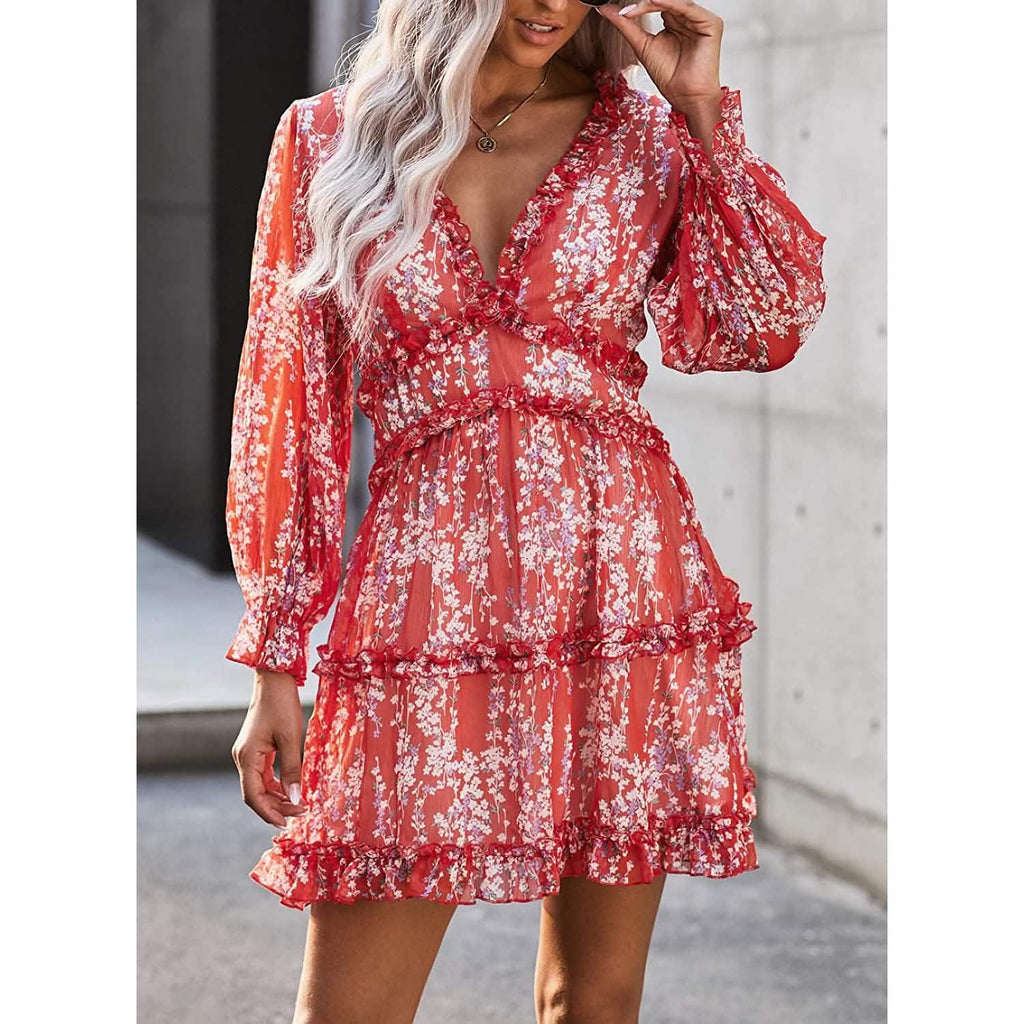 Dokotoo Robe Courte Florale à Manches Longues et Volants avec Col en V Profond pour Femme Printemps-Été