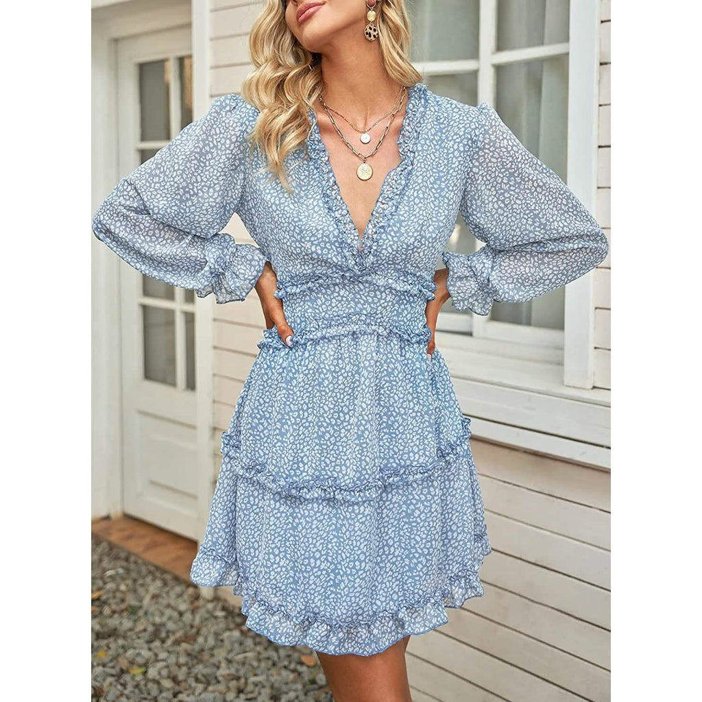 Dokotoo Robe Courte Florale à Manches Longues et Volants avec Col en V Profond pour Femme Printemps-Été