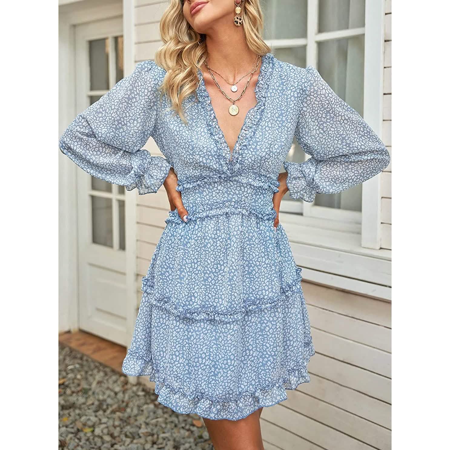 Dokotoo Robe Courte Florale à Manches Longues et Volants avec Col en V Profond pour Femme Printemps-Été