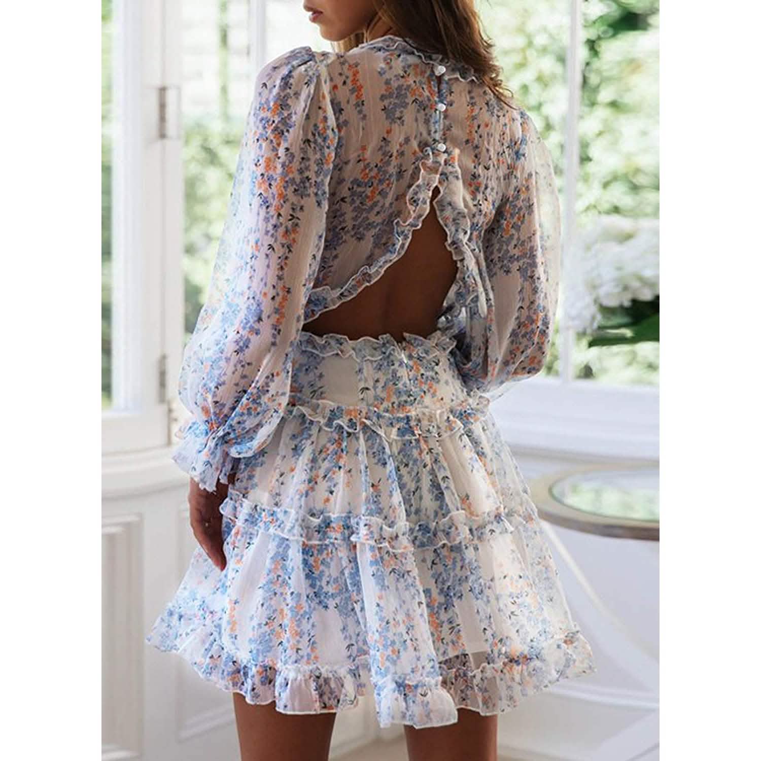 Dokotoo Robe Courte Florale à Manches Longues et Volants avec Col en V Profond pour Femme Printemps-Été