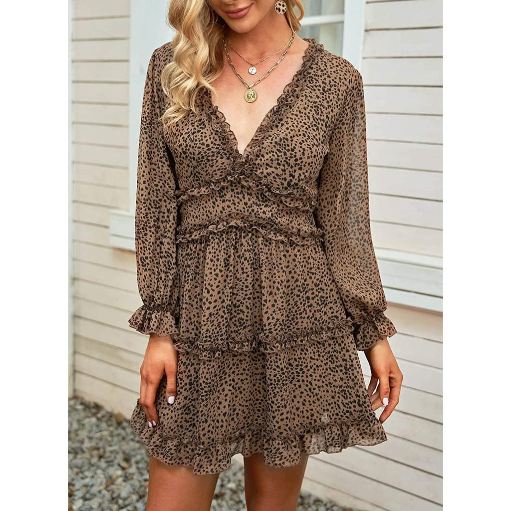 Dokotoo Robe Courte Florale à Manches Longues et Volants avec Col en V Profond pour Femme Printemps-Été