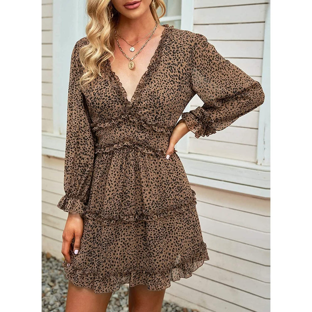 Dokotoo Robe Courte Florale à Manches Longues et Volants avec Col en V Profond pour Femme Printemps-Été