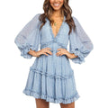 Dokotoo Robe Courte Florale à Manches Longues et Volants avec Col en V Profond pour Femme Printemps-Été