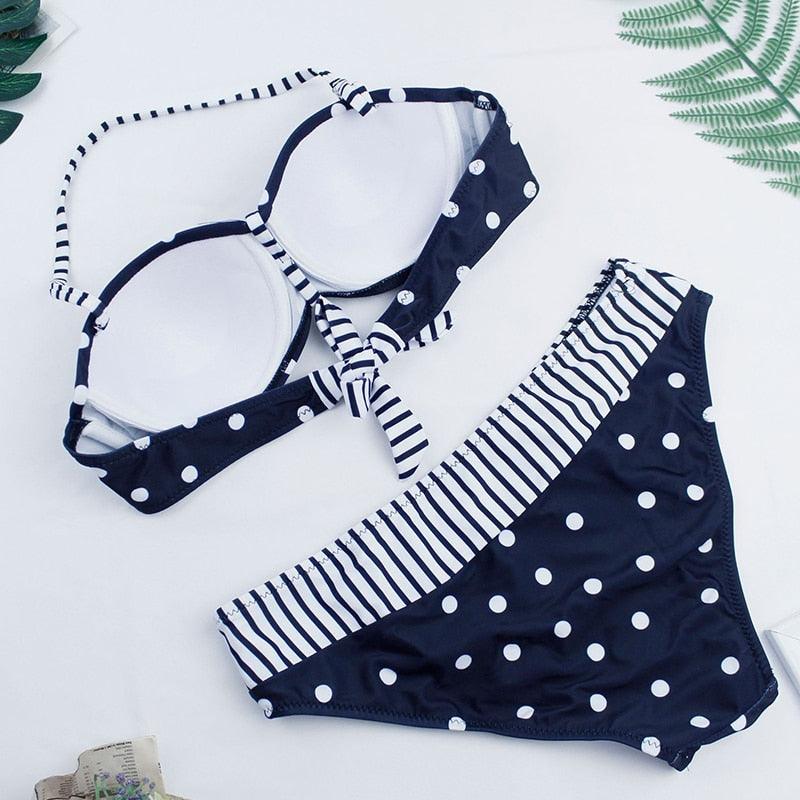 Maillot de bain deux pièces push-up à pois pour femme, ensemble de bikini rembourré push-up, deux pièces, haut croisé, maillot de bain patchwork, maillot de bain pour femme, body, vêtement de plage, bikinis imprimés licou, maillot de bain pour femme