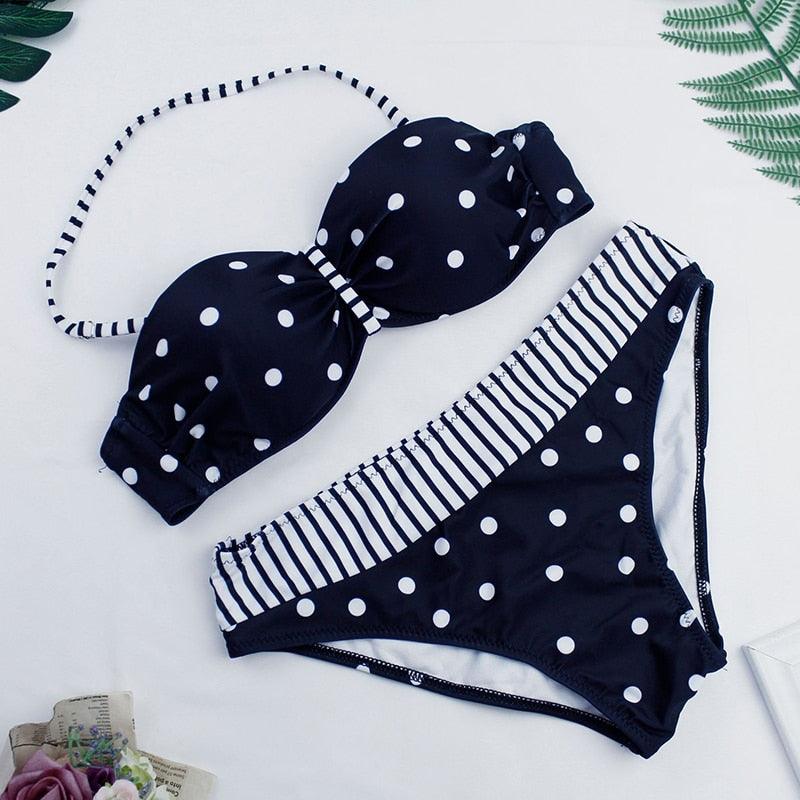 Maillot de bain deux pièces push-up à pois pour femme, ensemble de bikini rembourré push-up, deux pièces, haut croisé, maillot de bain patchwork, maillot de bain pour femme, body, vêtement de plage, bikinis imprimés licou, maillot de bain pour femme