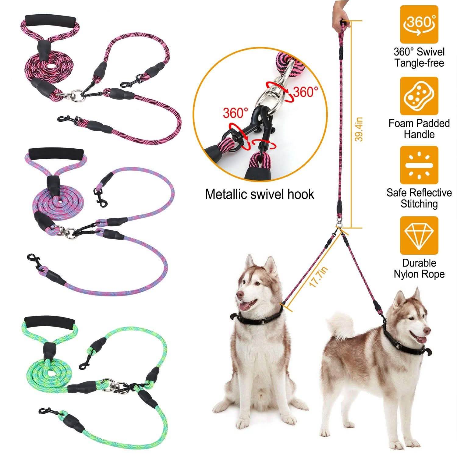 Laisse Double Chien Anti-Emmêlement avec Couplage Pivotant et Poignée Rembourrée