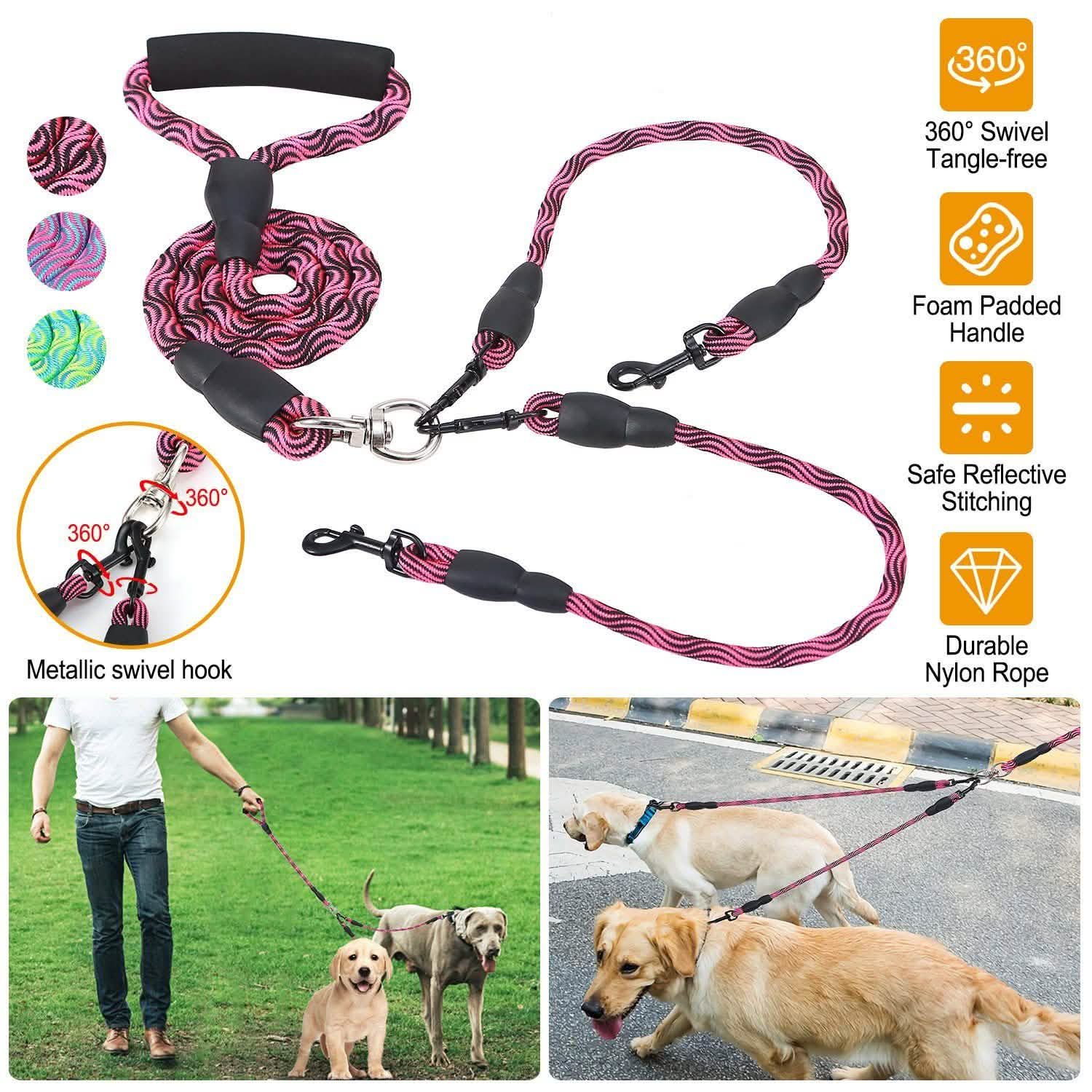 Laisse Double Chien Anti-Emmêlement avec Couplage Pivotant et Poignée Rembourrée