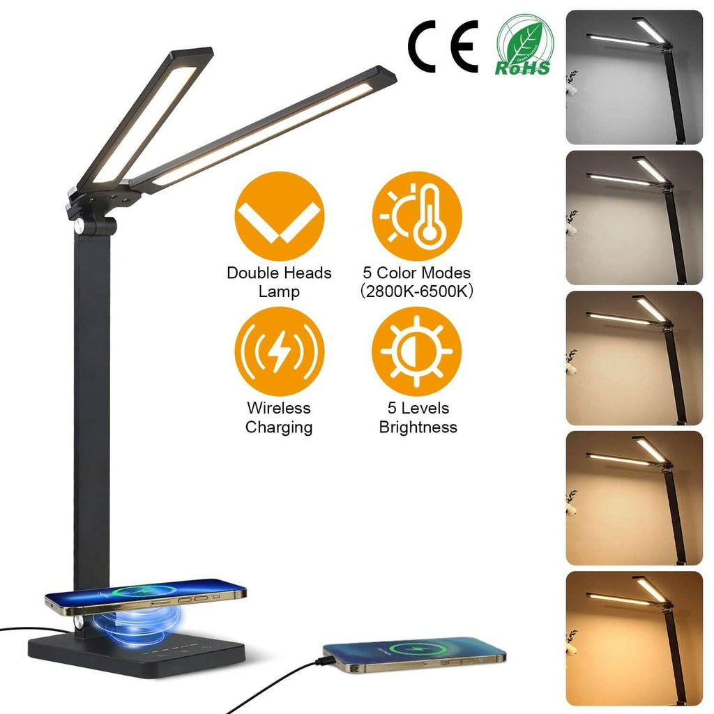 Lampe de bureau double avec chargeur sans fil et port USB