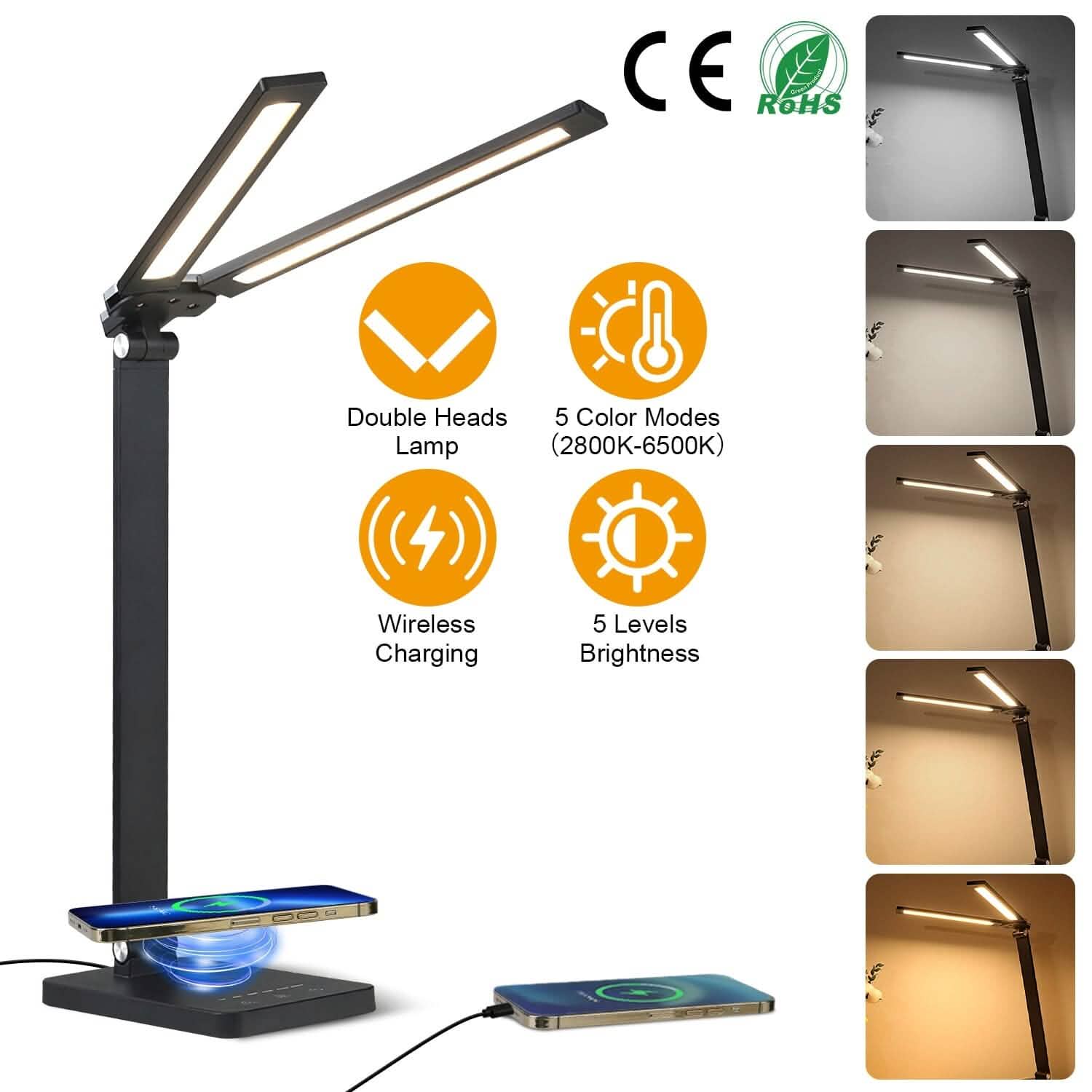 Lampe de bureau double avec chargeur sans fil et port USB