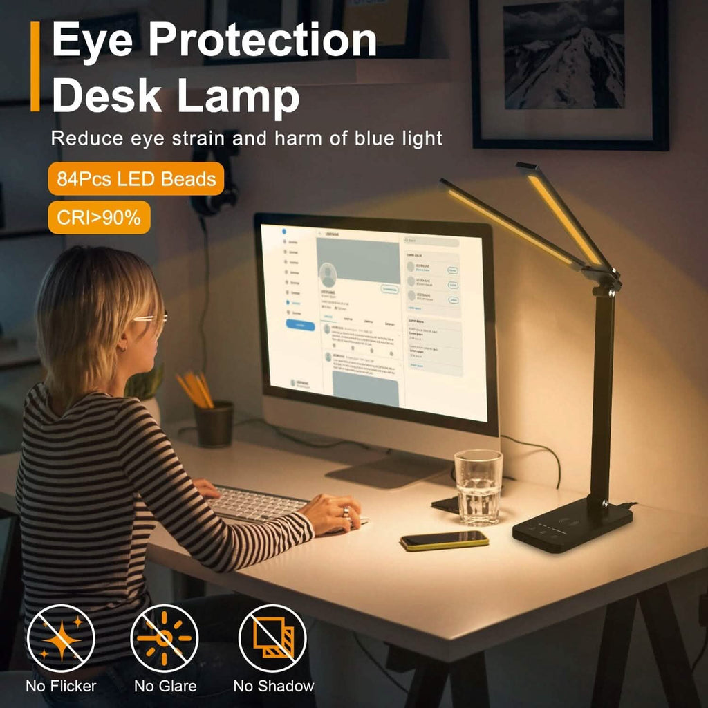 Lampe de bureau double avec chargeur sans fil et port USB