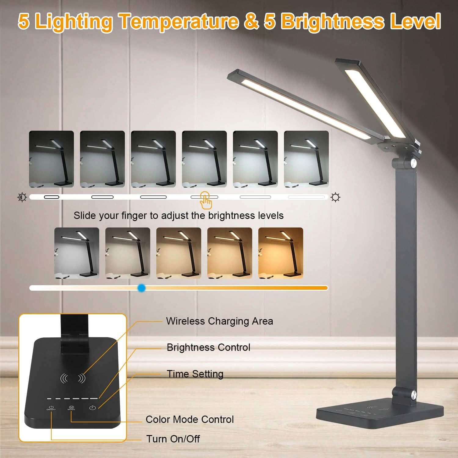Lampe de bureau double avec chargeur sans fil et port USB