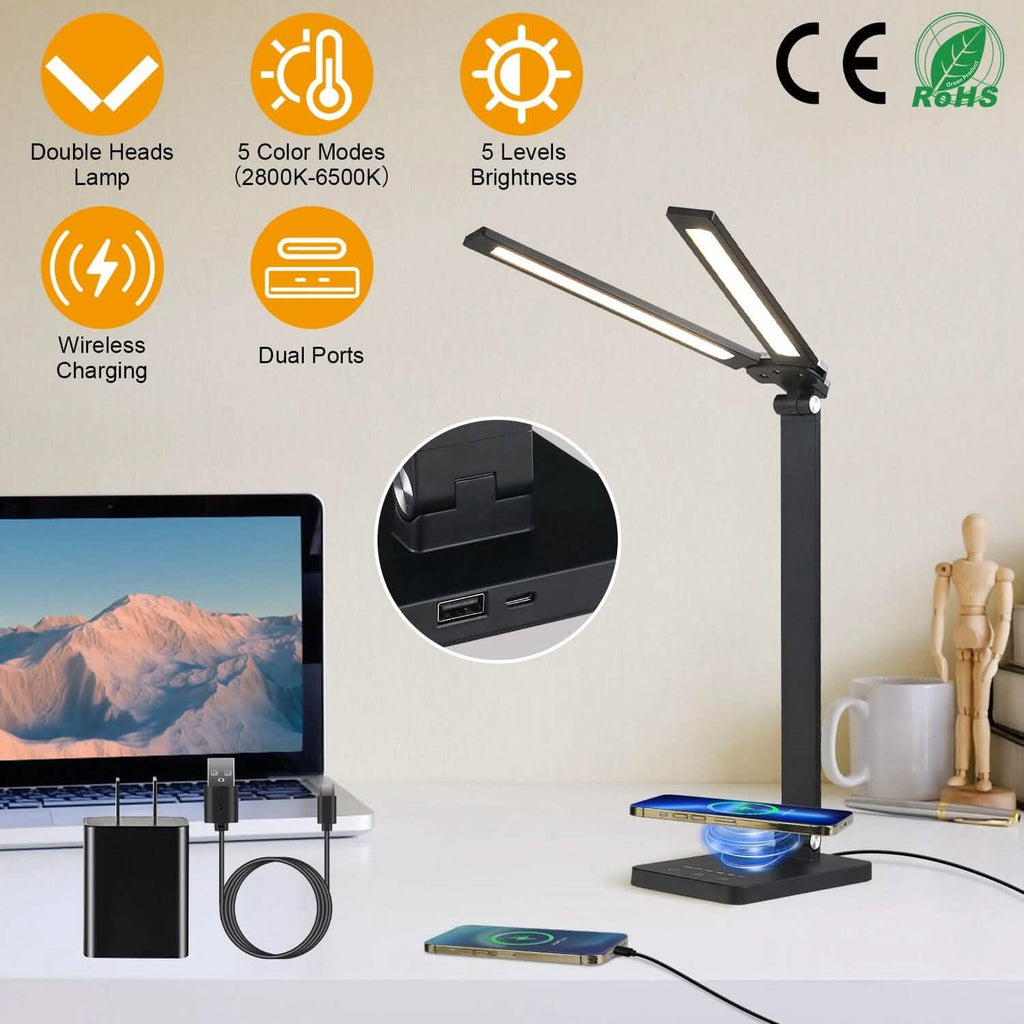 Lampe de bureau double avec chargeur sans fil et port USB