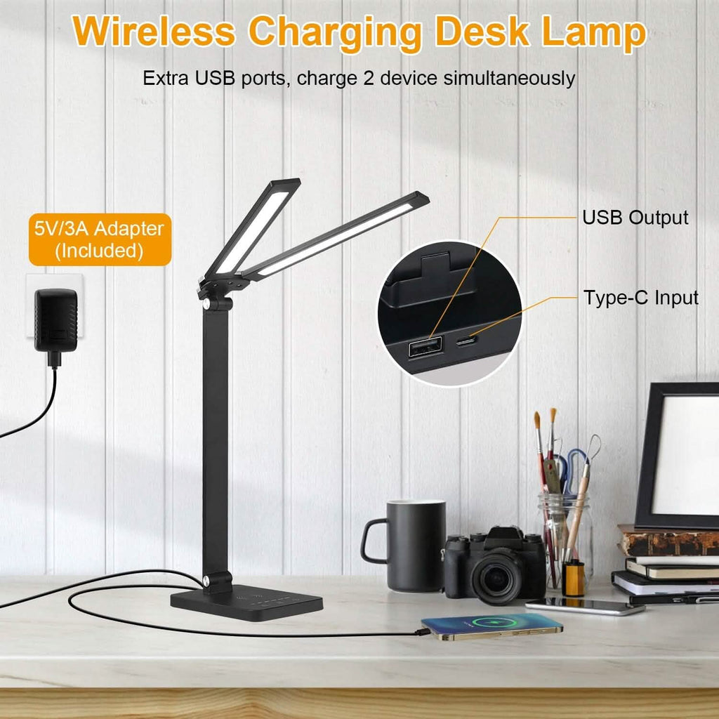 Lampe de bureau double avec chargeur sans fil et port USB
